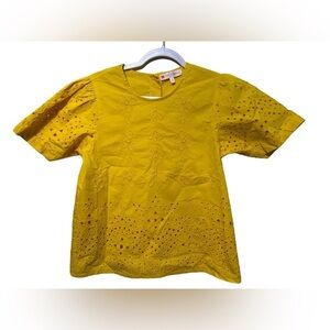 Jude Connally Eyelet Button Back Short Sleeve Top Size Small Yellow Laser‎ Cut